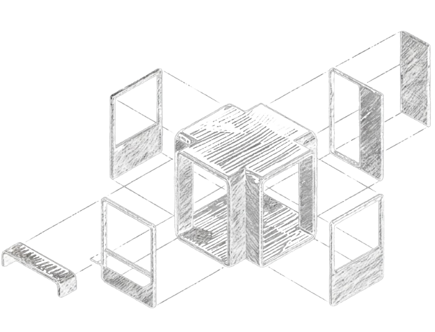 Schemat konstrukcji kiosku K67 w formie szkicu technicznego 3D